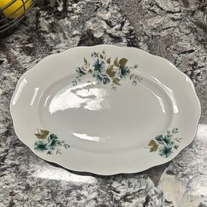 Vintage FAVOLINA Poland Teal Green Floral Scalloped Oval Serving